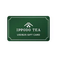 Green gift card that reads 'IPPODO TEA USD$25 GIFT CARD' with Ippodo Tea logo and white border against white background
