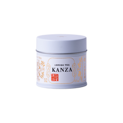 Brand new unopened ornate tin of premium Kanza matcha by Ippodo Tea with Japanese characters and gold flowers leafs on label