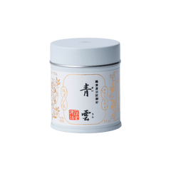 Brand new unopened tin can of Ippodo Tea Seiun matcha with Japanese characters and gold leaf embossed on white