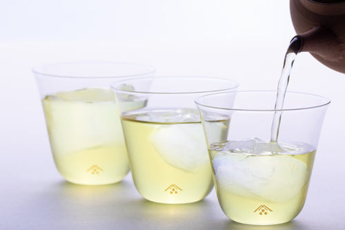 Pouring luminescent green New Harvest Sencha tea into three Ippodo glasses with ice from Yakishime Japanese kyusu teapot