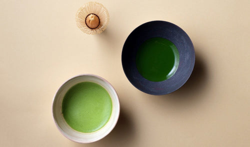 One prepared teacup of tea and one loose sample of powder for each of Ippodo's three premium matchas: Kanza, Kuon and Ummon