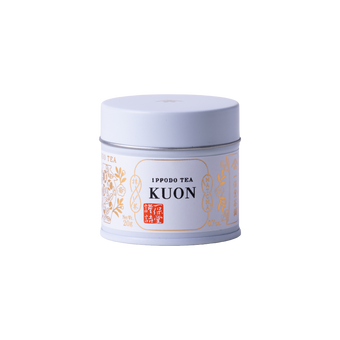 Brand new unopened tin can of Kuon matcha by Ippodo Tea with Japanese characters and gold leaf embossed on white