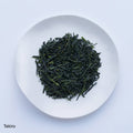 Loose leaf dark green rolled dried Ippodo Tekiro Gyokuro premium Japanese green tea on white plate on white table