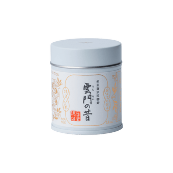 Brand new unopened large tin can of Ippodo Tea Ummon matcha with Japanese characters and gold leaf embossed on white