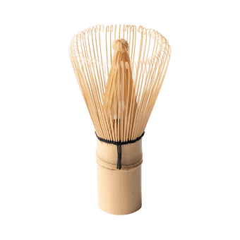 100-tip bamboo chasen matcha whisk tea utensil with curles tips resting upright on handle