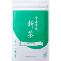 Flat bright green and white packaging bag for Uji-Shincha with white Japanese and English writing 