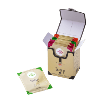 Box of assorted teabags with a single sencha teabag on a white background