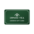 Green gift card that reads 'IPPODO TEA USD$100 GIFT CARD' with Ippodo Tea logo and white border against white background