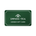 Green gift card that reads 'IPPODO TEA USD$25 GIFT CARD' with Ippodo Tea logo and white border against white background