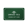 Green gift card that reads 'IPPODO TEA USD$50 GIFT CARD' with Ippodo Tea logo and white border against white background