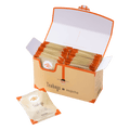 Open cream box containing 25 individually wrapped Hojicha Teabags beside one teabag packet with orange corners and Ippodo logo