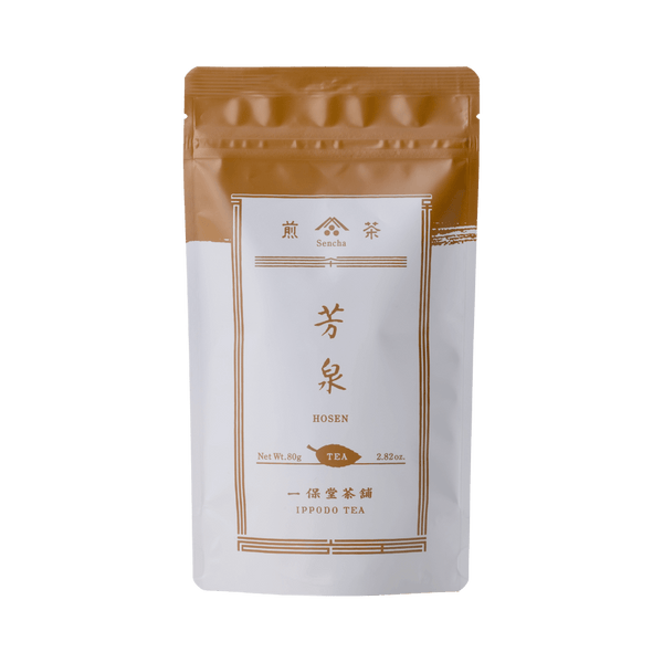 White packaging with bronze faux-painted details of Hosen Sencha classic Japanese green tea 80g bag by Ippodo Tea Co.