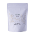 White 100 gram bag of Ippodo Tea Ikuyo matcha powder for with line drawing of gold and green leaves of the tea plant