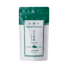 White and forest green resealable 80g bag of loose Stems Sencha green tea by Ippodo Tea with Japanese and English writing