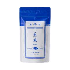White packaging with blue faux-painted details for Kumpu premium Japanese Sencha green tea 80g bag by Ippodo Tea Co.