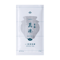 White packaging bag for Mantoku Gyokuro by Ippodo Tea with grey pointillism teapot and teal writing and designs