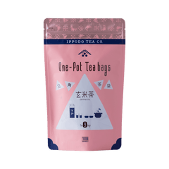 Colorful rose pink bag with drawings triangles and patterns for Japanese Genmaicha green tea with rice One-Pot Teabags