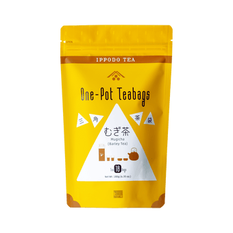 Front of bright sunny yellow packaging bag for Ippodo Tea Co. Mugicha Japanese barley tea one-pot teabags