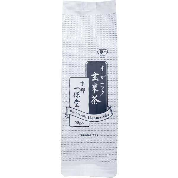 White and blue iconic packaging with Japanese writing and dashed lines for Ippodo Organic Genmaicha green tea with rice 