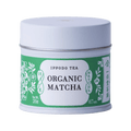 Brand new bright green and white unopened tin of Organic Matcha green tea powder with iconic Ippodo tea pot and floral design