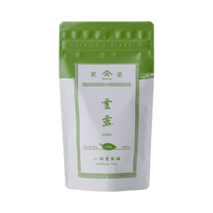 White packaging with green faux-painted details for Unro refreshing Japanese Sencha green tea 80g bag by Ippodo Tea Co.