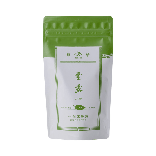 White packaging with green faux-painted details for Unro refreshing Japanese Sencha green tea 80g bag by Ippodo Tea Co.