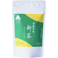 Package for Uji-Shincha sencha one-pot teabags with vibrant green label with yellow circles and Japanese and English writing