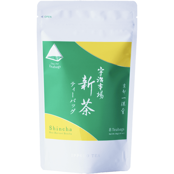 Package for Uji-Shincha sencha one-pot teabags with vibrant green label with yellow circles and Japanese and English writing