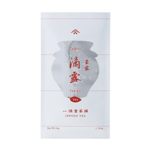 White packaging bag for Tekiro Gyokuro by Ippodo Tea with grey pointillism teapot and red writing and designs
