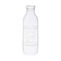A clear glass bottle with a narrow neck and wide body. It appears empty and has some etched or printed design on its surface, though the details aren't clearly visible. The bottle has a simple, cylindrical shape typical of water or juice bottles, with a slight lip at the top where a cap would typically be placed. The glass is transparent and clean.