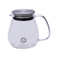 Transparent glass teapot with white "Ippodo Tea" and logo and lid insert with built-in circular mesh strainer