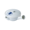 Small white porcelain right-handed kyusu teapot handcrafted with side-hold hollow handle and blue Japanese characters on lid