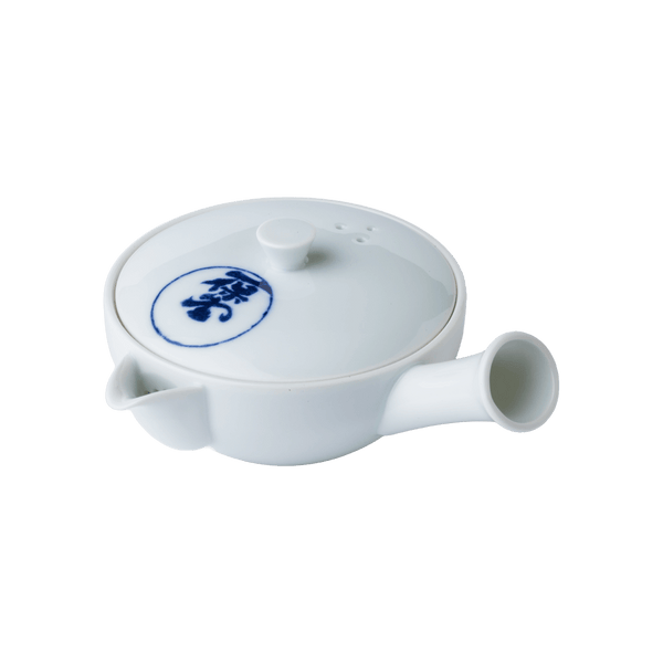 Small white porcelain right-handed kyusu teapot handcrafted with side-hold hollow handle and blue Japanese characters on lid