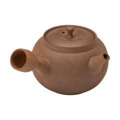 Brown textured side hold left-handed artisan hand made Banko-yaki Japanese ceramic teapot Yakishime Kyusu with hollow handle