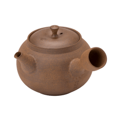Brown textured side hold right-handed artisan hand made Banko-yaki Japanese ceramic teapot Yakishime Kyusu with hollow handle