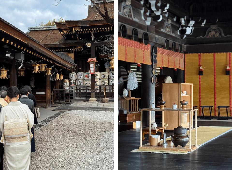 
      Left: Entering the inner shrine on the 2nd day. Right: The preparation of utensils before the
      matcha offering.
    