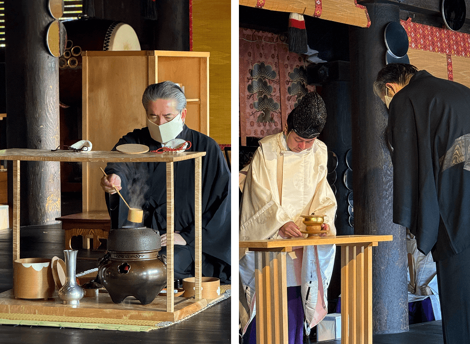 
      Left: Grand Master Sen Sōsa XV prepares the matcha. Right: Then, he presents it for the
      offering.
    